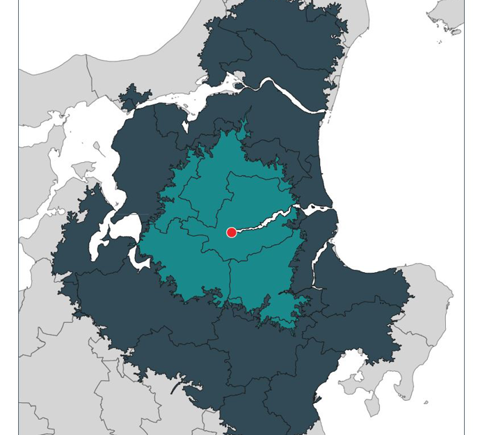 Kort, der viser hvor langt du kan komme på en halv og en hel time