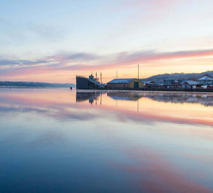 Foto af solopgang fra Hobro Havn